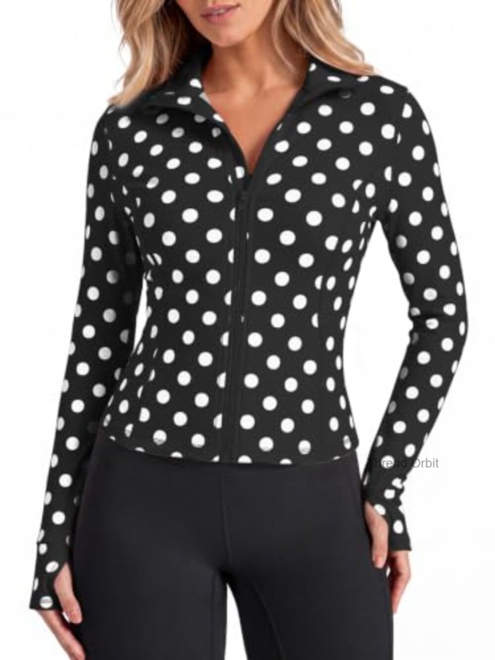 Women's Lightweight Zip Up Workout Jacket Polka Dot Crop Top Slim Fit